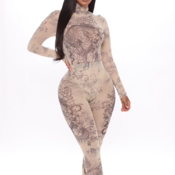 Dragon print beige mesh body suit + leggings coord set (size m) - Picture 1 of 3